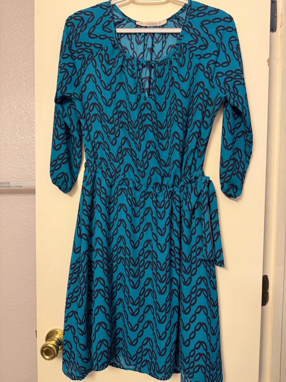41 Hawthorn Teal Midi Dress with Navy Chain-Link Pattern